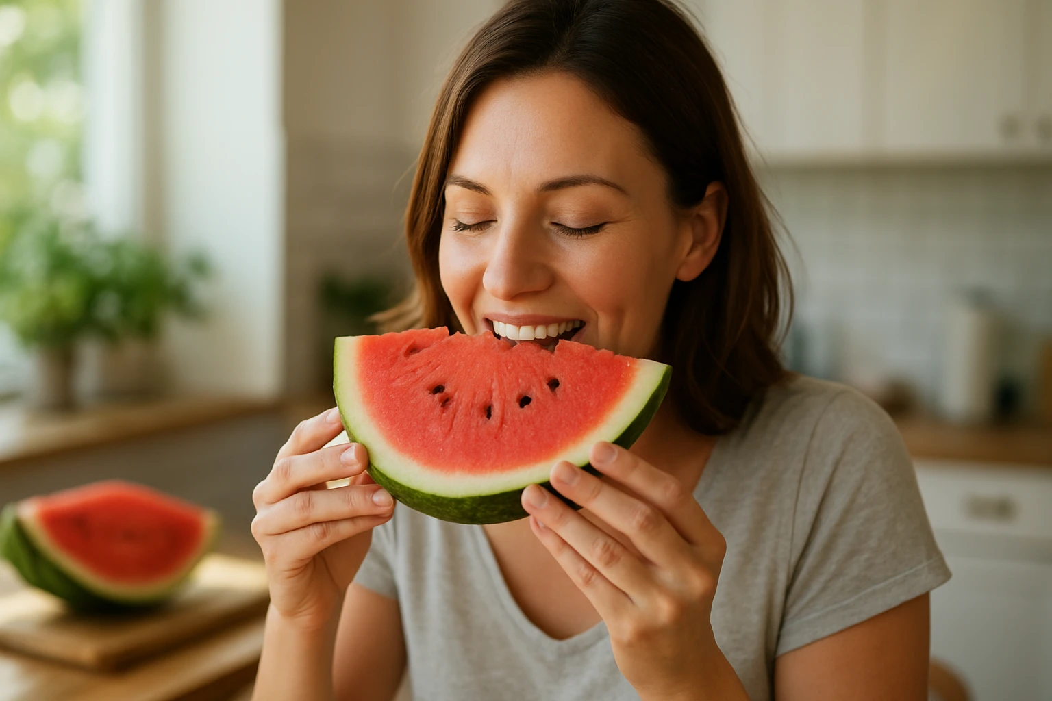 Eine Frau genießt ein Stück Wassermelone in einer hellen Küche.