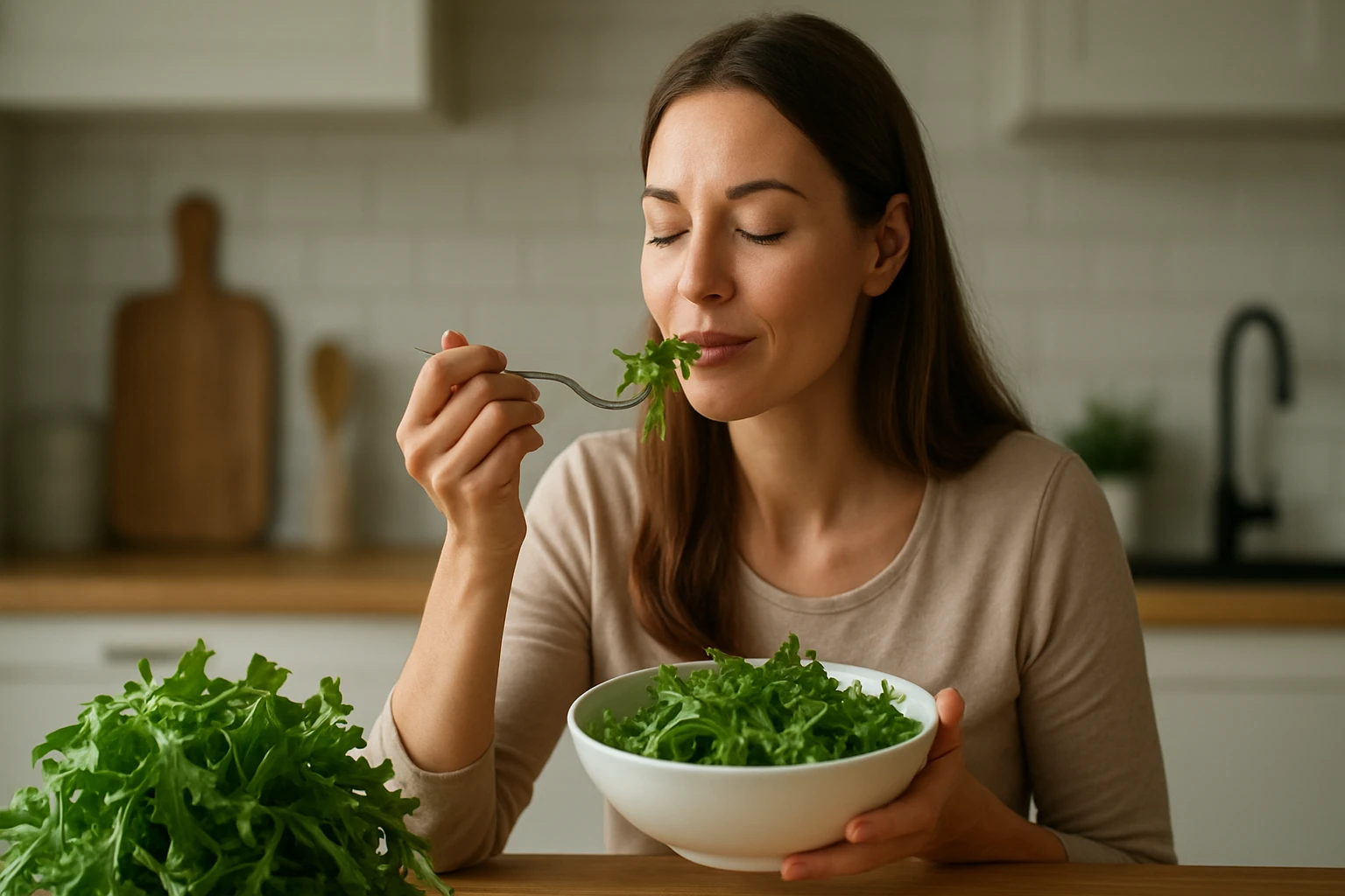 Eine Frau genießt frischen Salat aus einer weißen Schüssel in der Küche.
