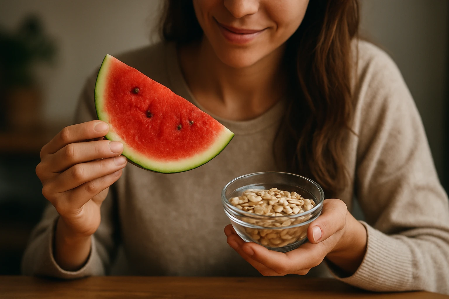 Eine Frau genießt frischen Salat aus einer Schüssel in ihrer Küche.
