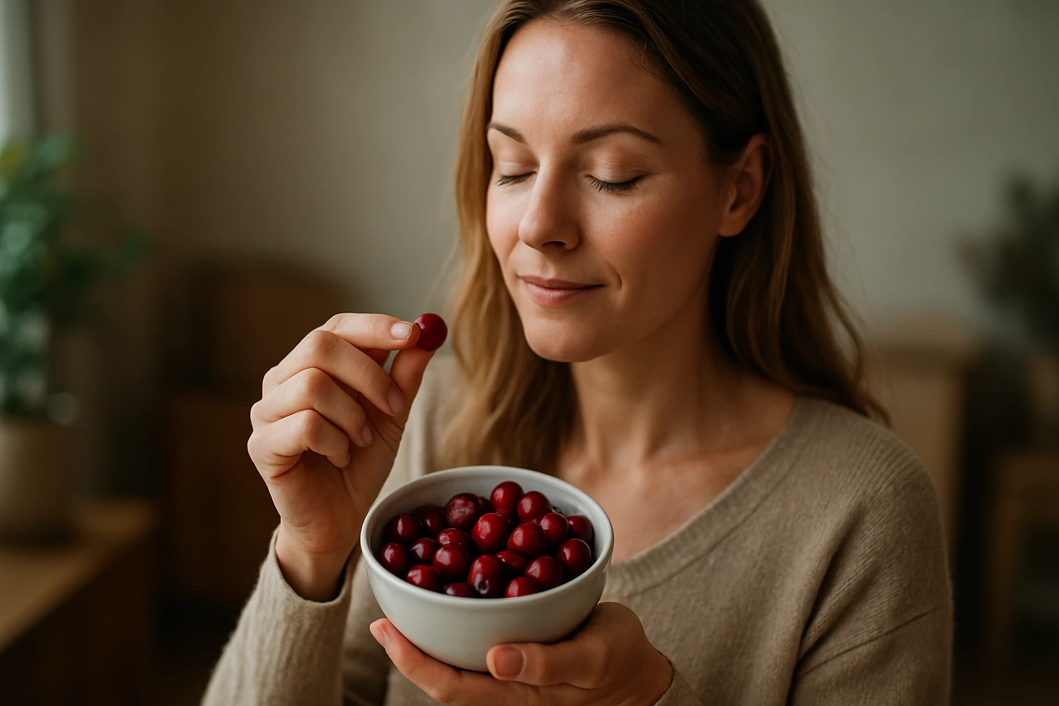 Eine Frau hält eine frische Meerrettichwurzel in der Hand und betrachtet sie.