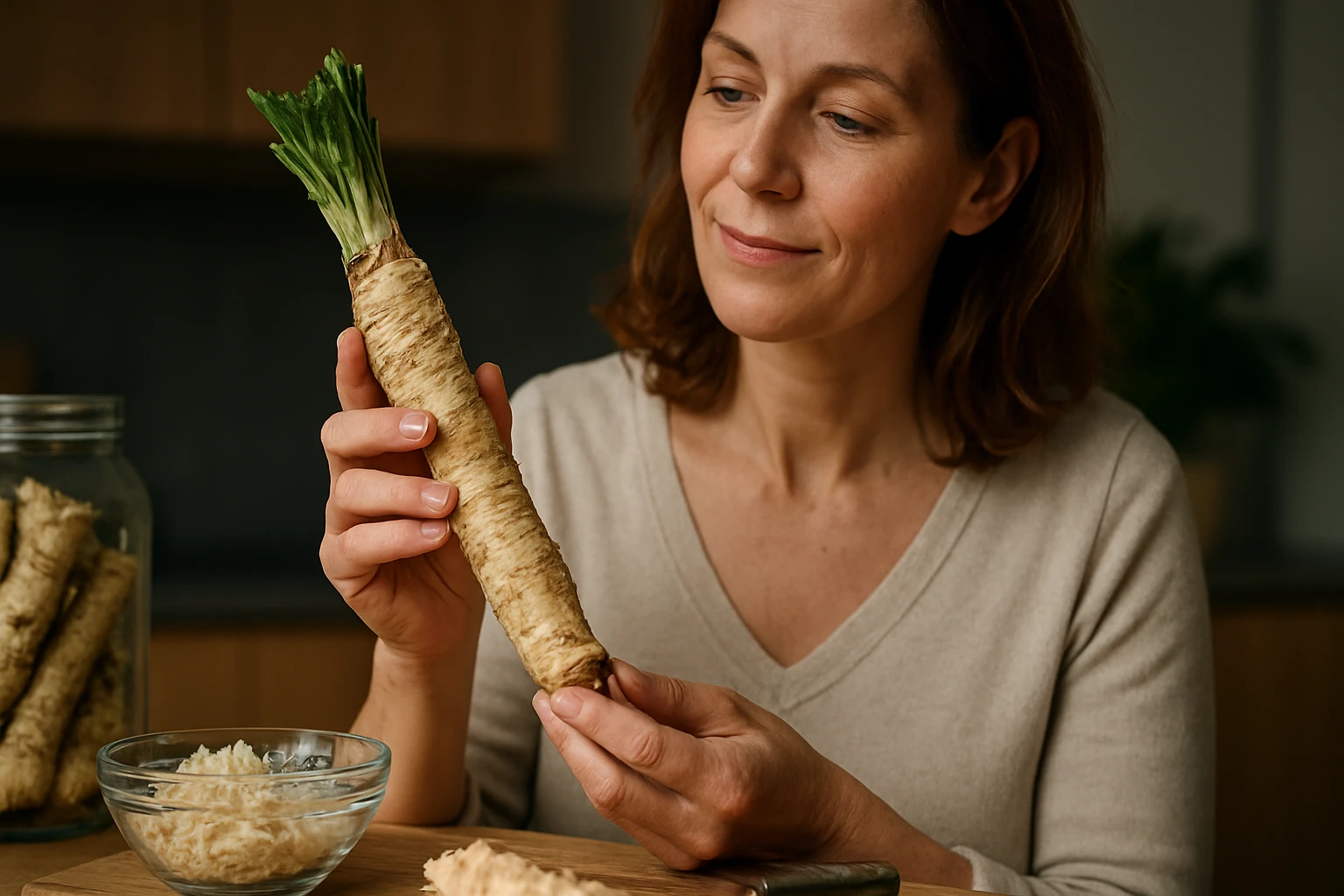 Eine Frau hält eine frische Meerrettichwurzel in der Hand und betrachtet sie.