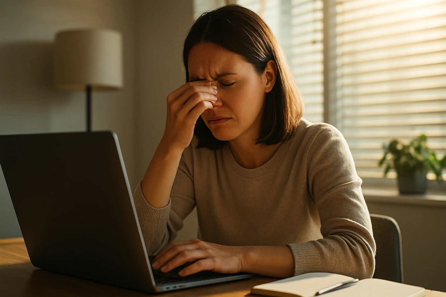 Eine Frau sitzt frustriert vor ihrem Laptop und hält sich die Nase.