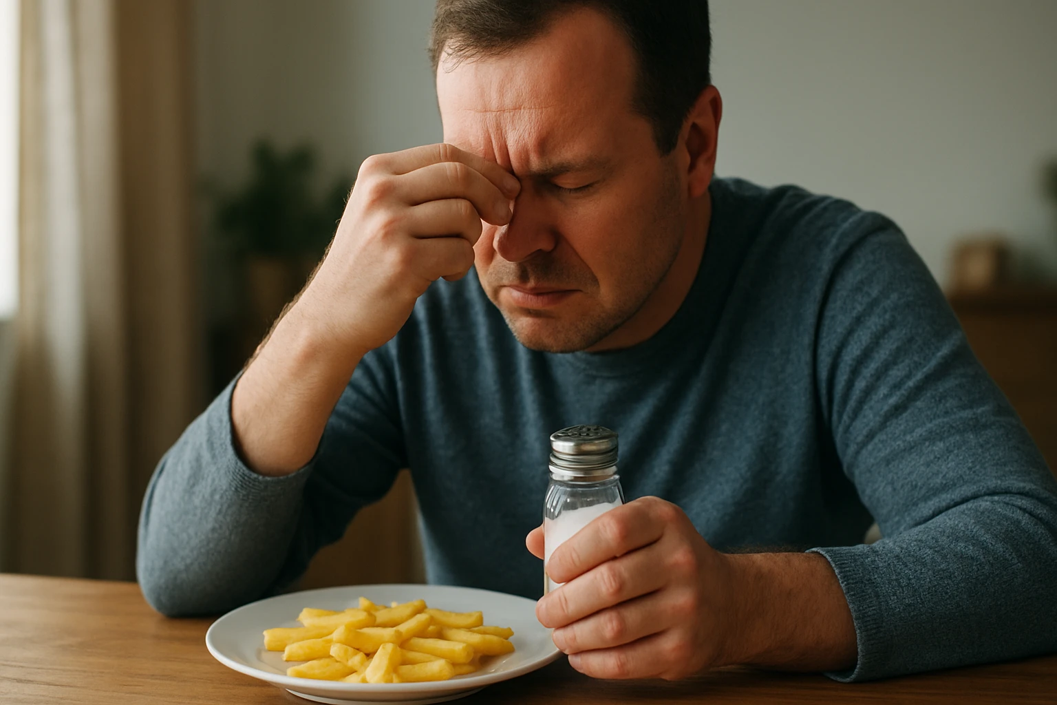 Ein Mann sitzt am Tisch mit einer Schüssel Pommes und sieht frustriert aus.