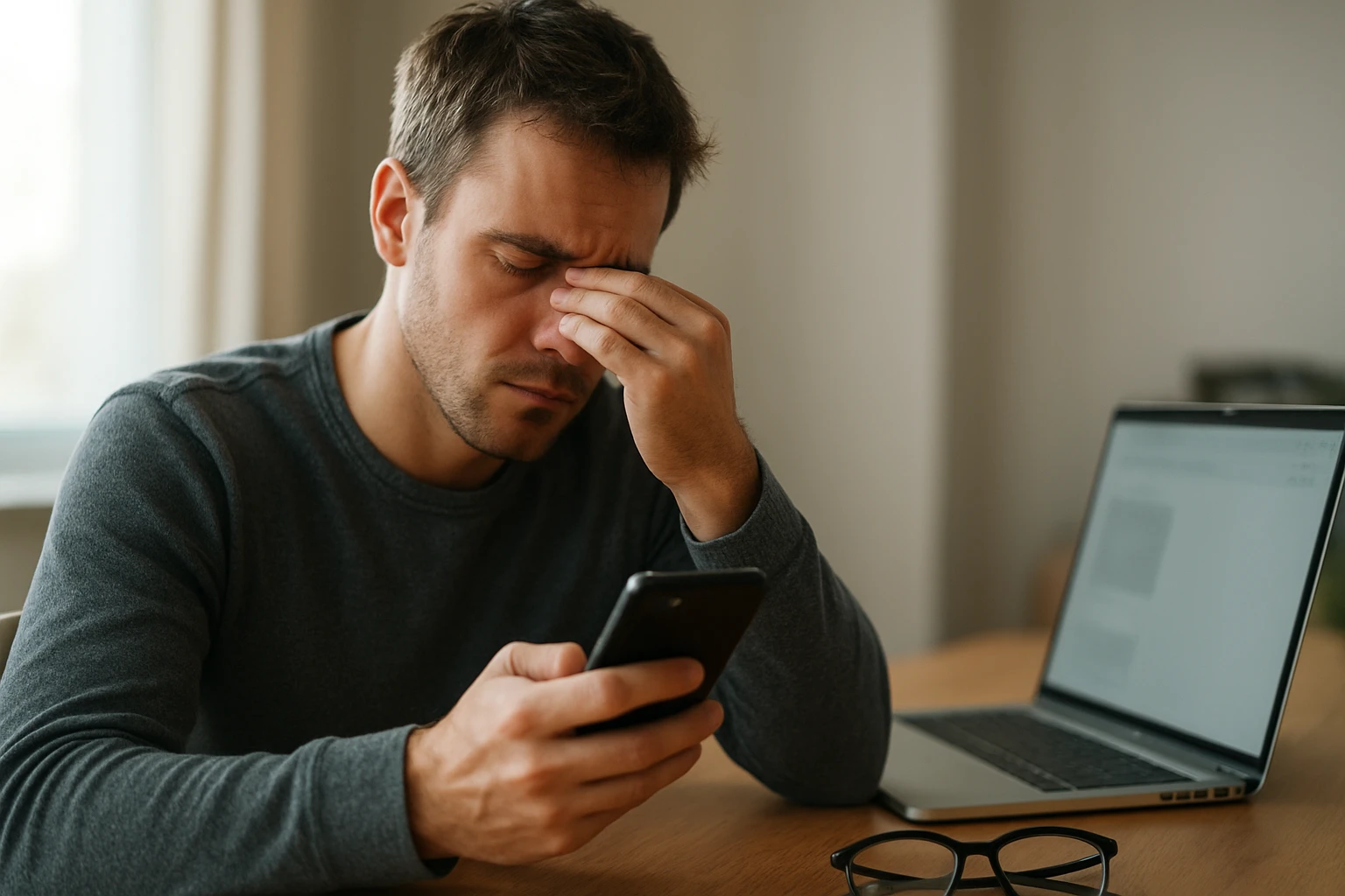 Ein junger Mann sitzt an einem Tisch, schaut frustriert auf sein Handy und hält sich die Stirn.