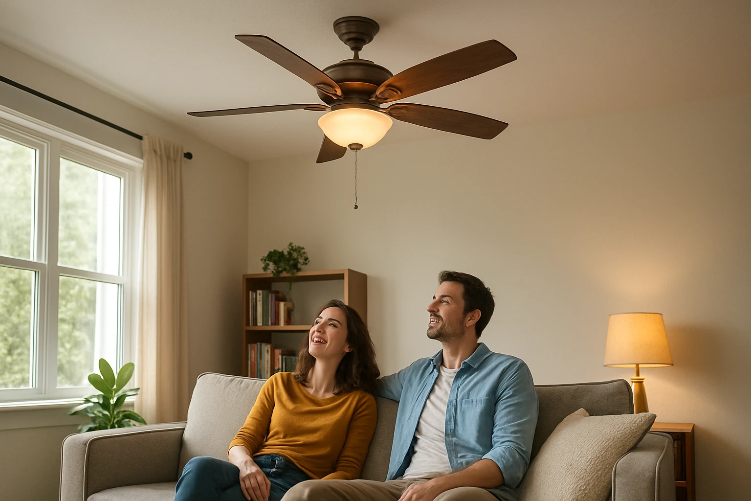 Ein Paar sitzt auf einem Sofa und genießt die Atmosphäre im Raum mit Deckenventilator.