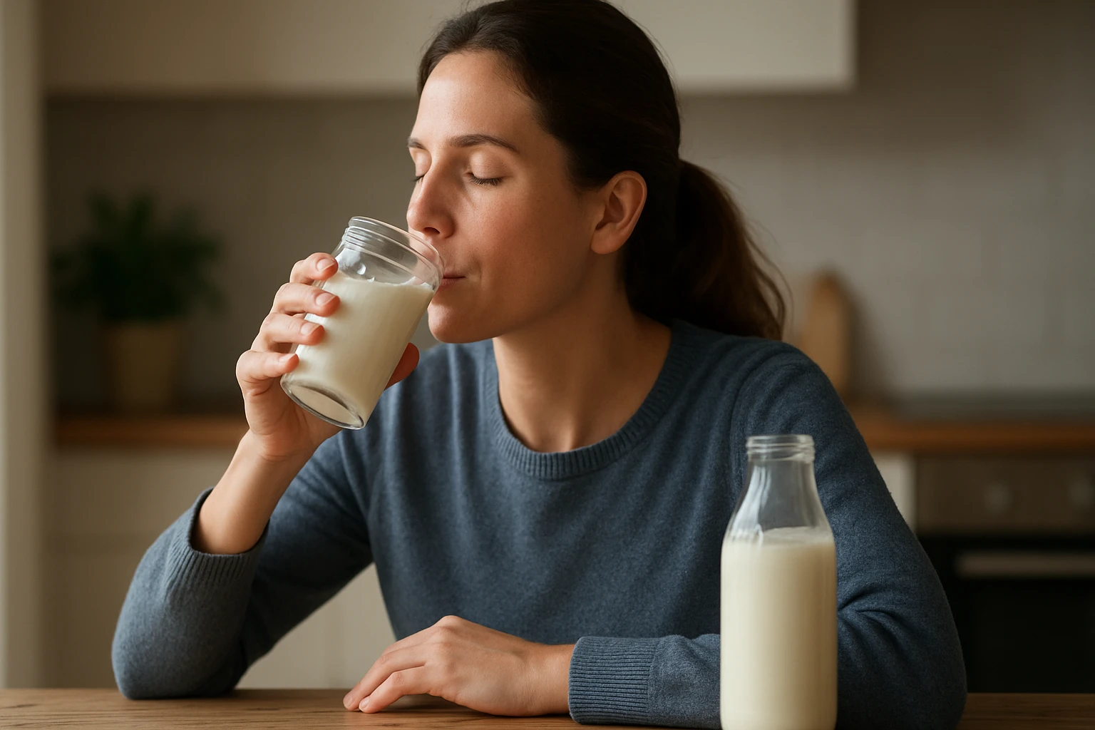 Eine Frau genießt einen Schluck Milch aus einem Glas in einer modernen Küche.