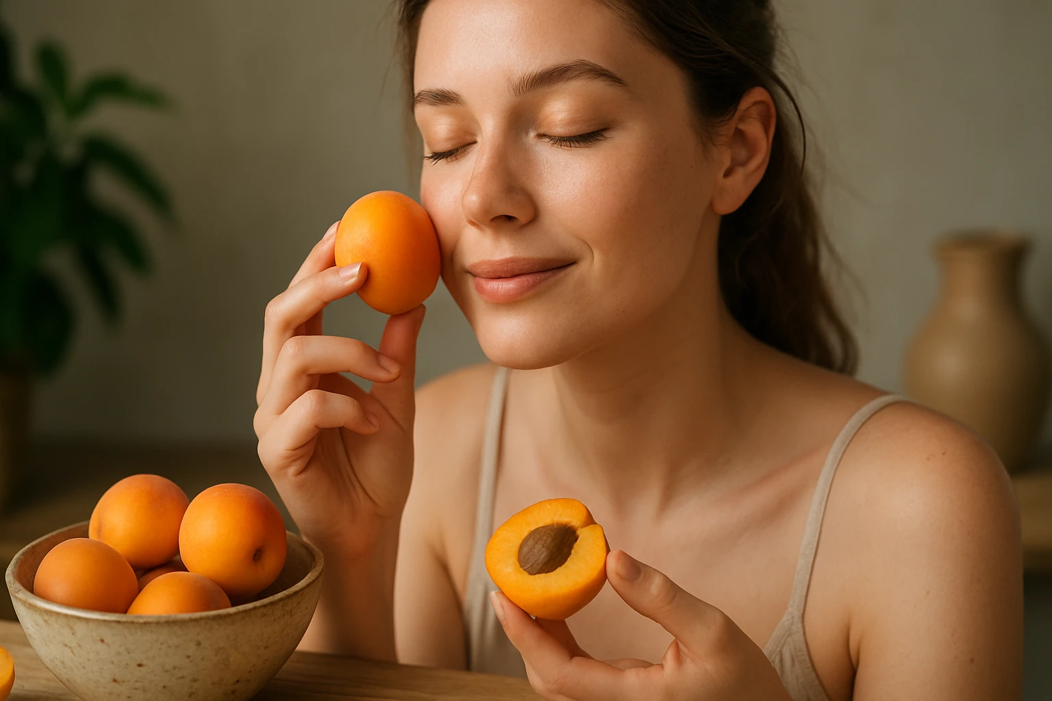Eine Frau hält eine Aprikose an ihr Gesicht und lächelt, während sie eine halbierte Aprikose in der Hand hält.