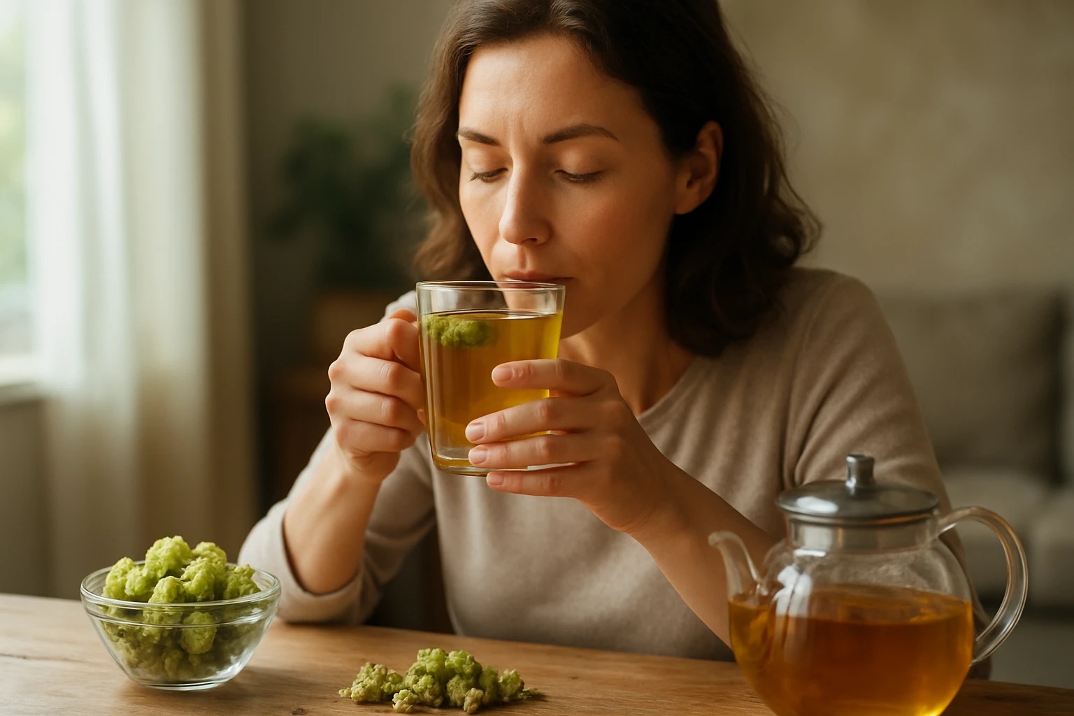 Eine Frau genießt eine Tasse Kräutertee mit frischen Zutaten auf dem Tisch.