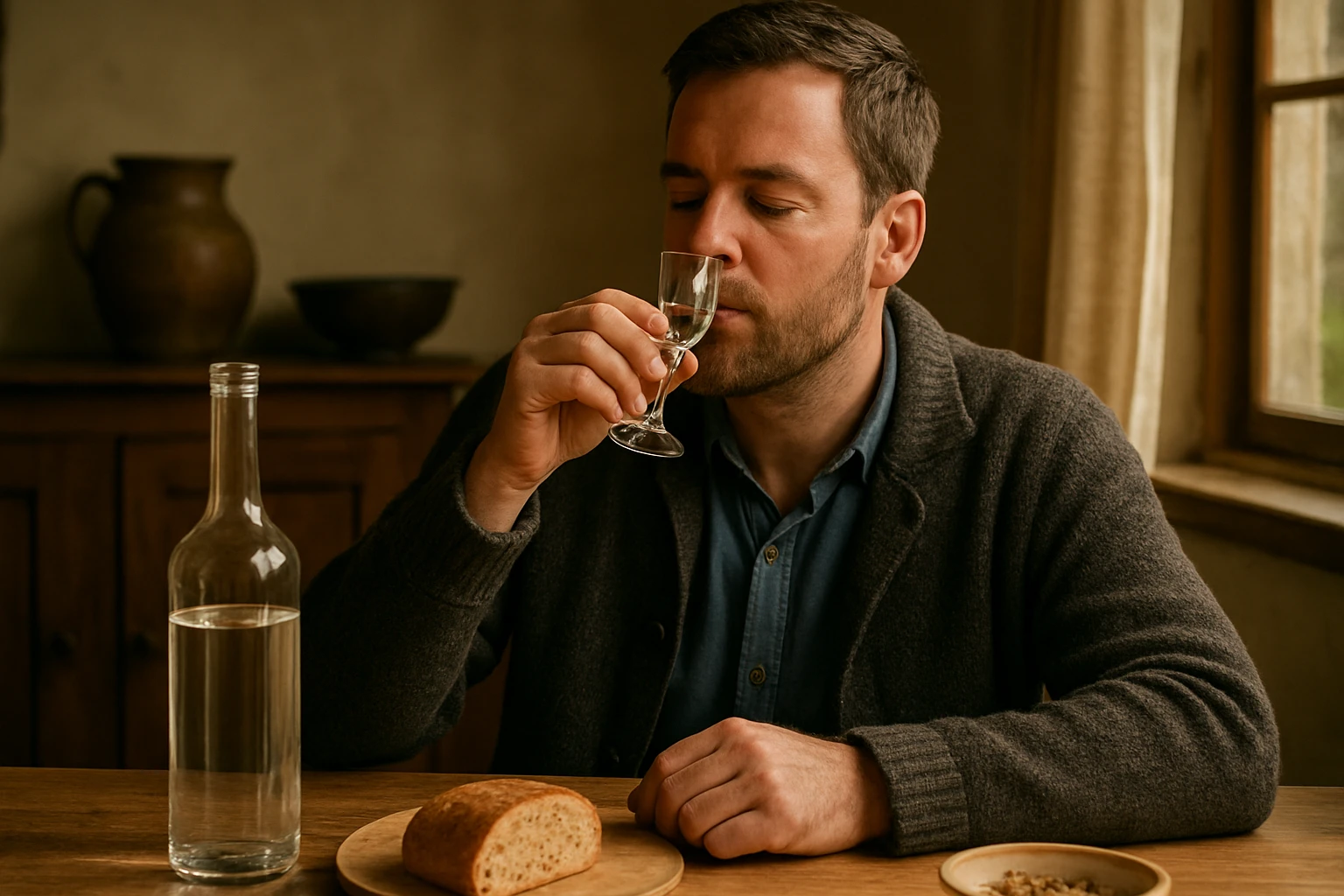 Ein Mann genießt einen Schluck aus einem kleinen Glas, während er an einem Tisch sitzt.