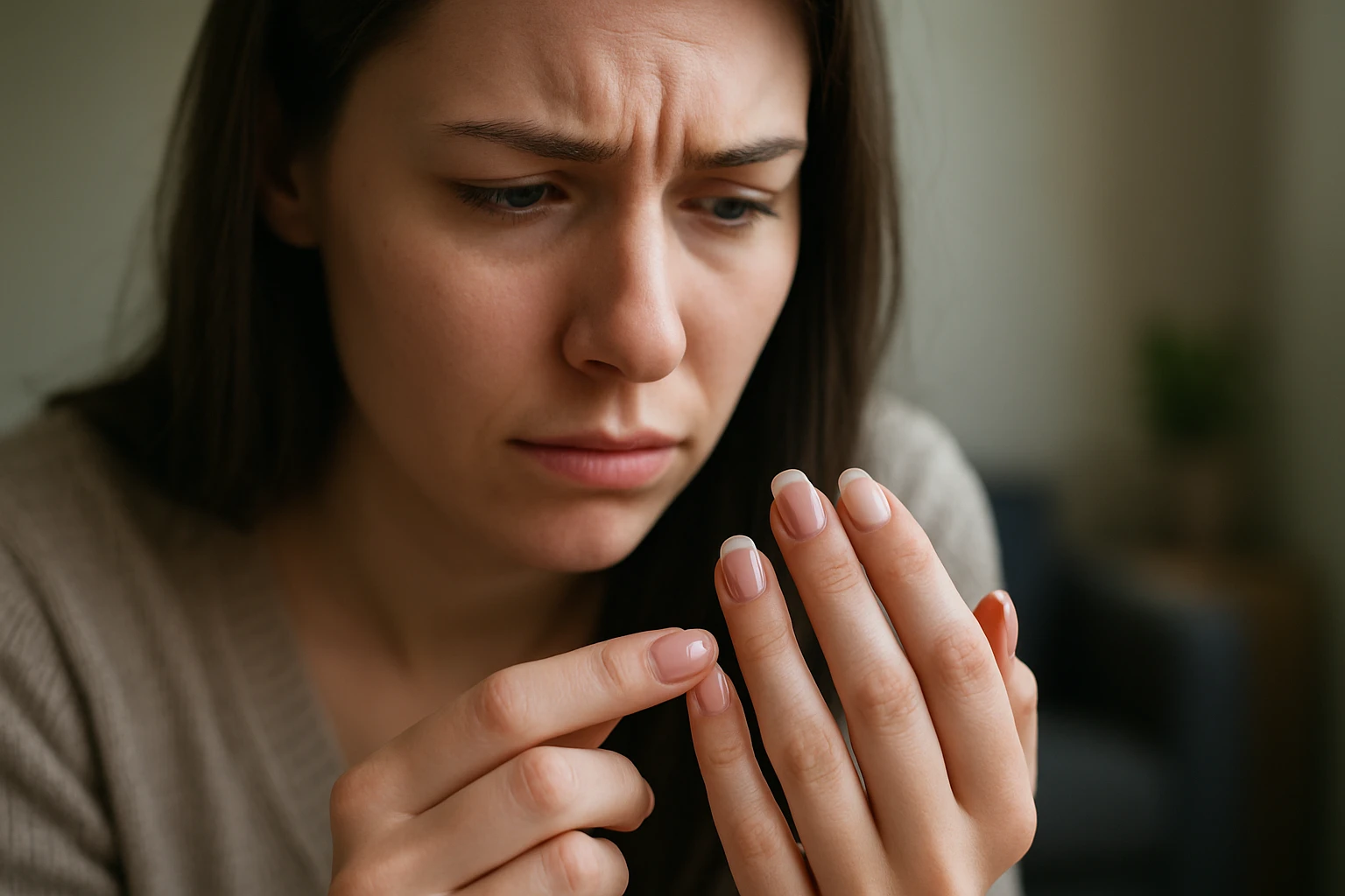 Eine nachdenkliche Frau hält eine Flasche mit braunem Inhalt in der Hand.