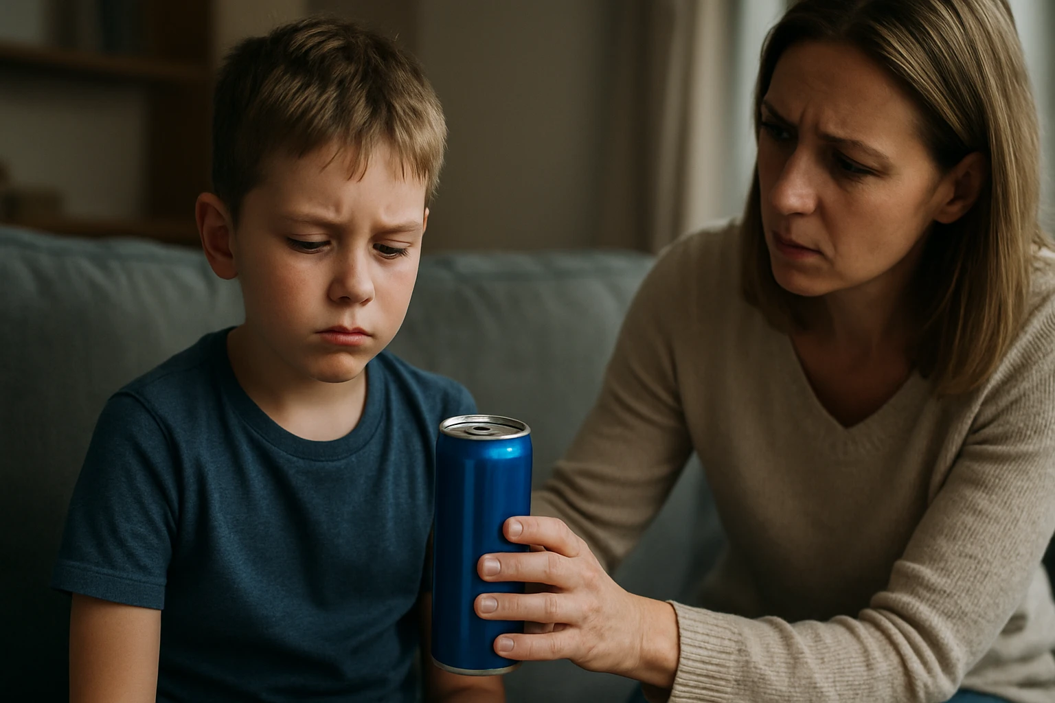 Eine nachdenkliche Frau hält eine Flasche mit braunem Inhalt in der Hand.
