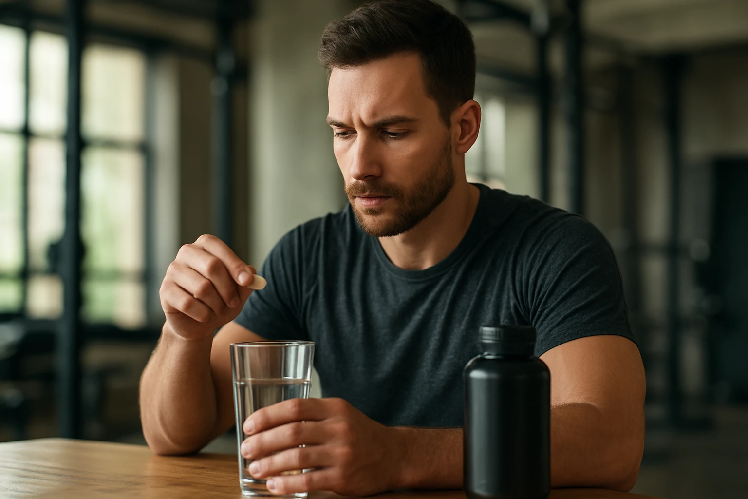 Ein Mann sitzt an einem Tisch und hält eine Tablette über einem Glas Wasser.