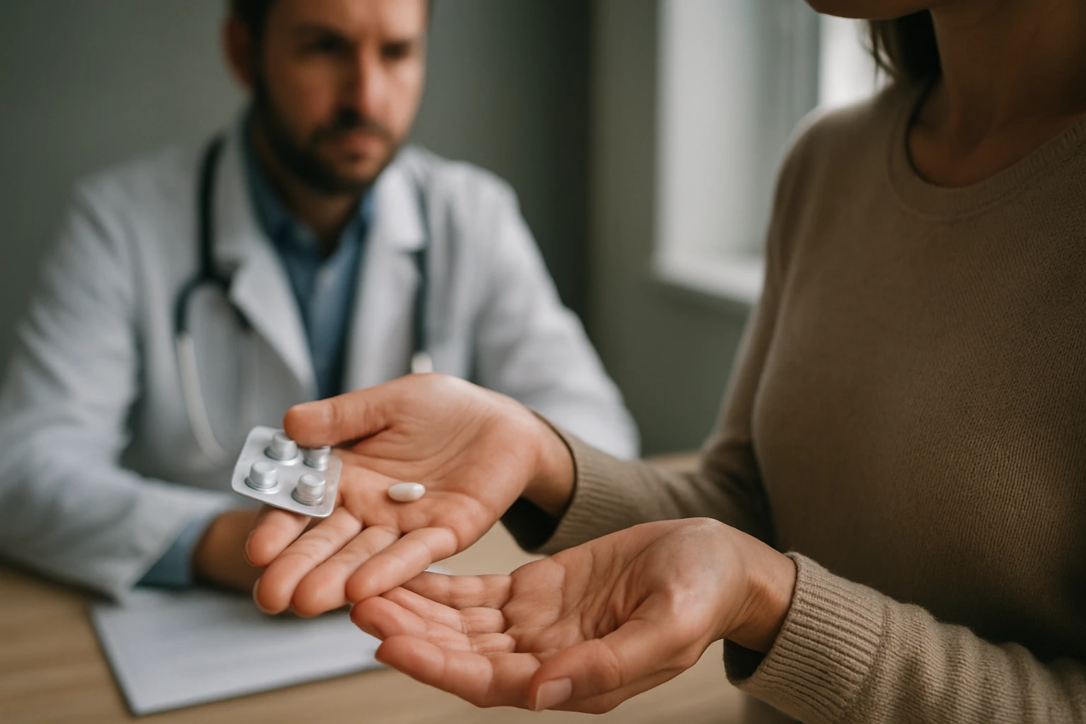 Eine nachdenkliche Frau hält eine Flasche mit braunem Inhalt in der Hand.