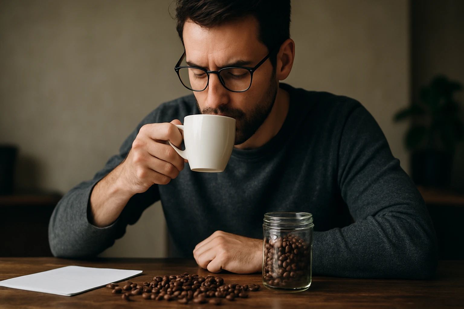 Eine nachdenkliche Frau hält eine Flasche mit braunem Inhalt in der Hand.