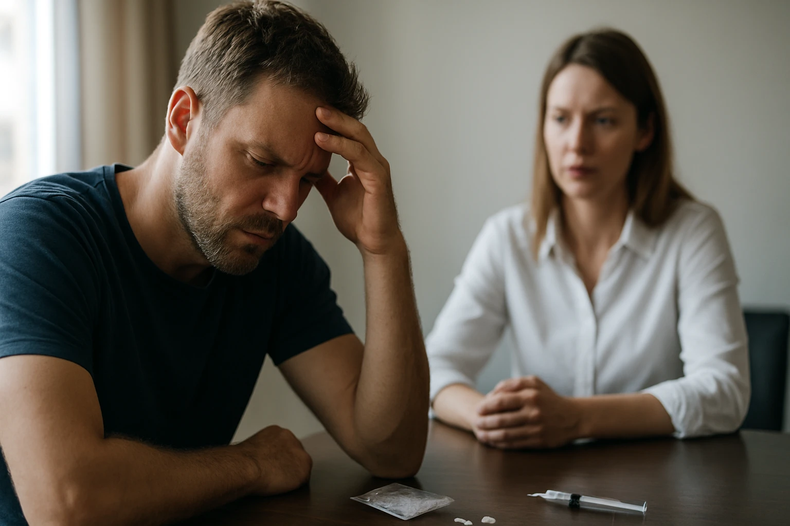 Eine Frau nimmt eine Tablette mit Wasser ein, während sie am Tisch sitzt.