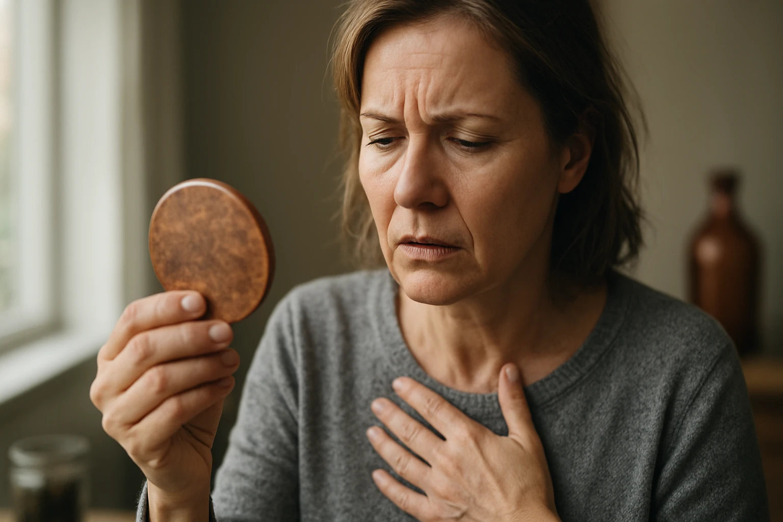 Eine Frau genießt Sonnenblumenkerne aus einer Schüssel in einer hellen Küche.