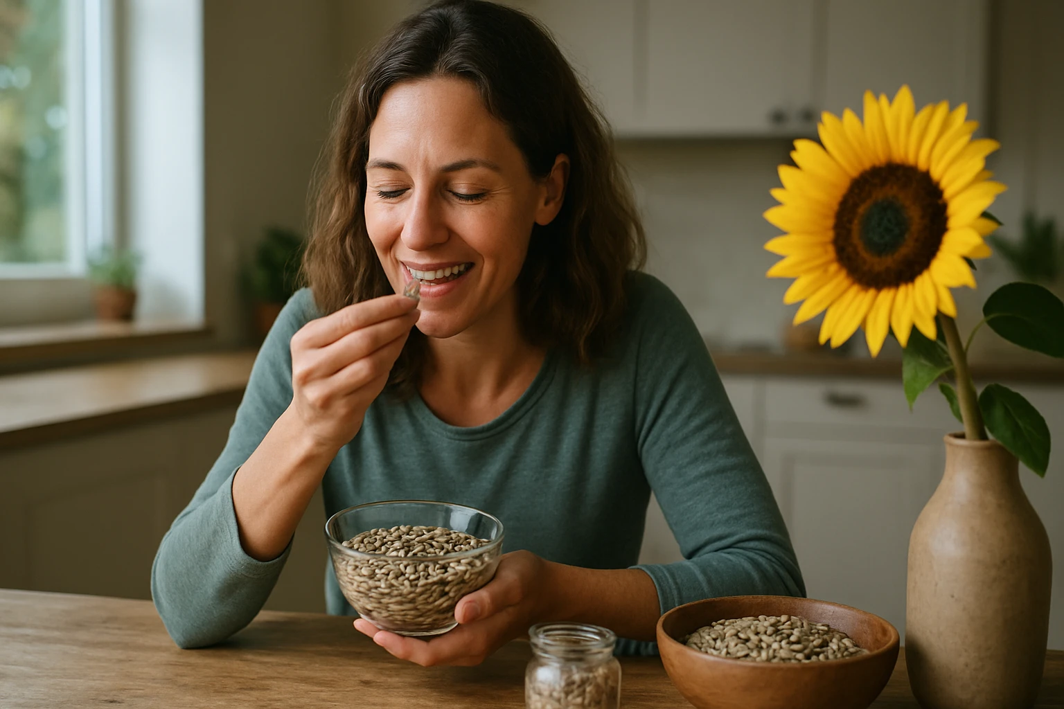 Eine Frau genießt Sonnenblumenkerne in einer modernen Küche.