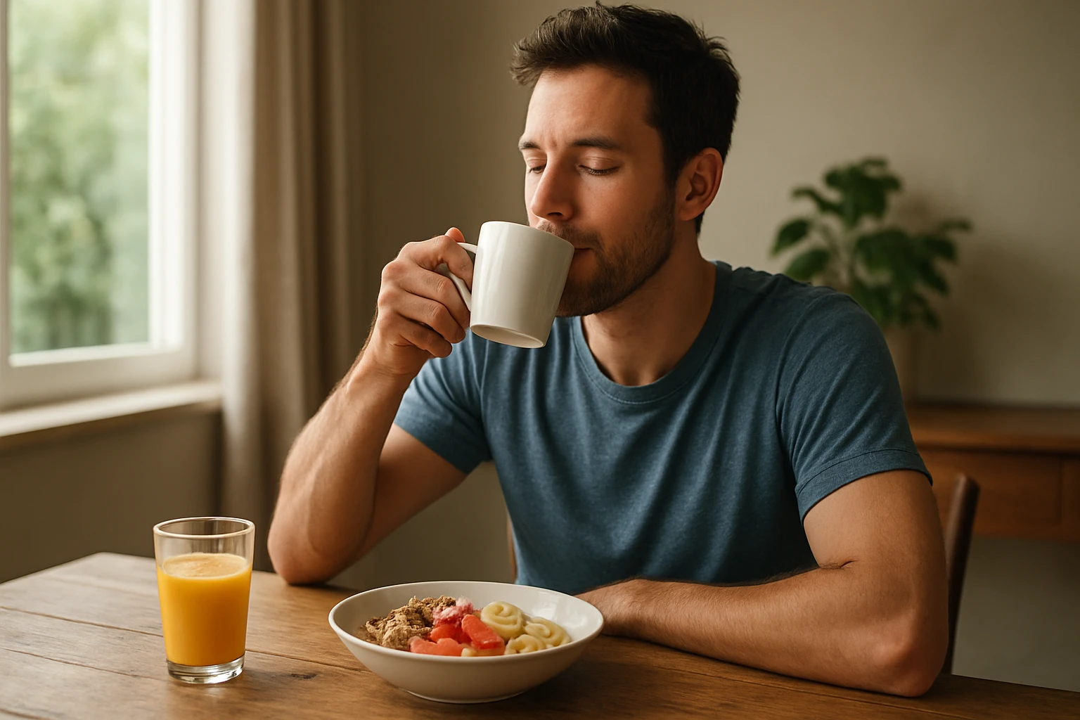 Ein Mann genießt sein Frühstück mit einer Schüssel Müsli und einer Tasse Kaffee.
