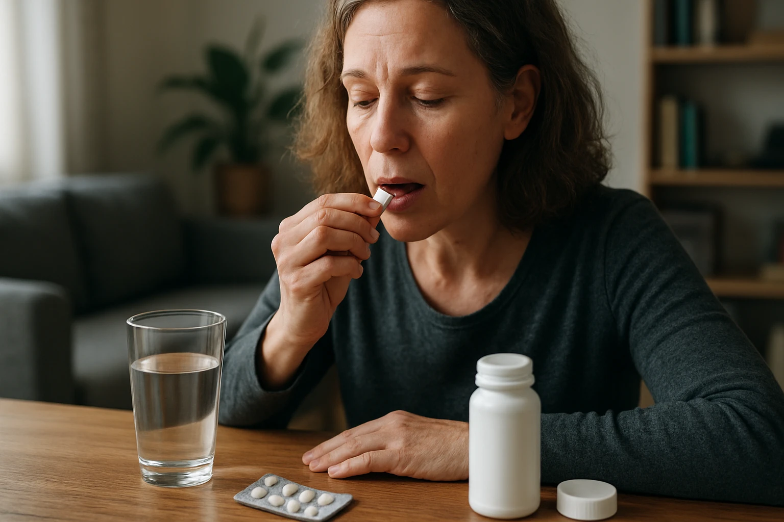 Eine Frau nimmt eine Tablette mit Wasser ein, während sie am Tisch sitzt.