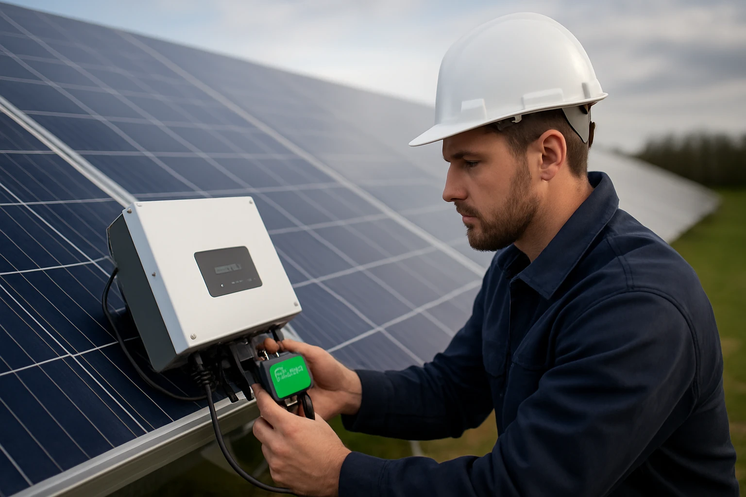 Ein Techniker installiert einen Wechselrichter an einer Solaranlage.