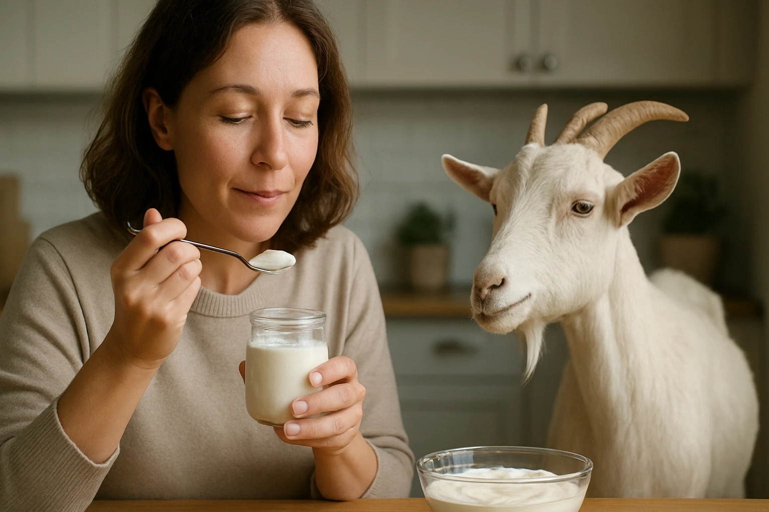 Eine Frau genießt Joghurt aus einem Glas, während eine Ziege neugierig zuschaut.