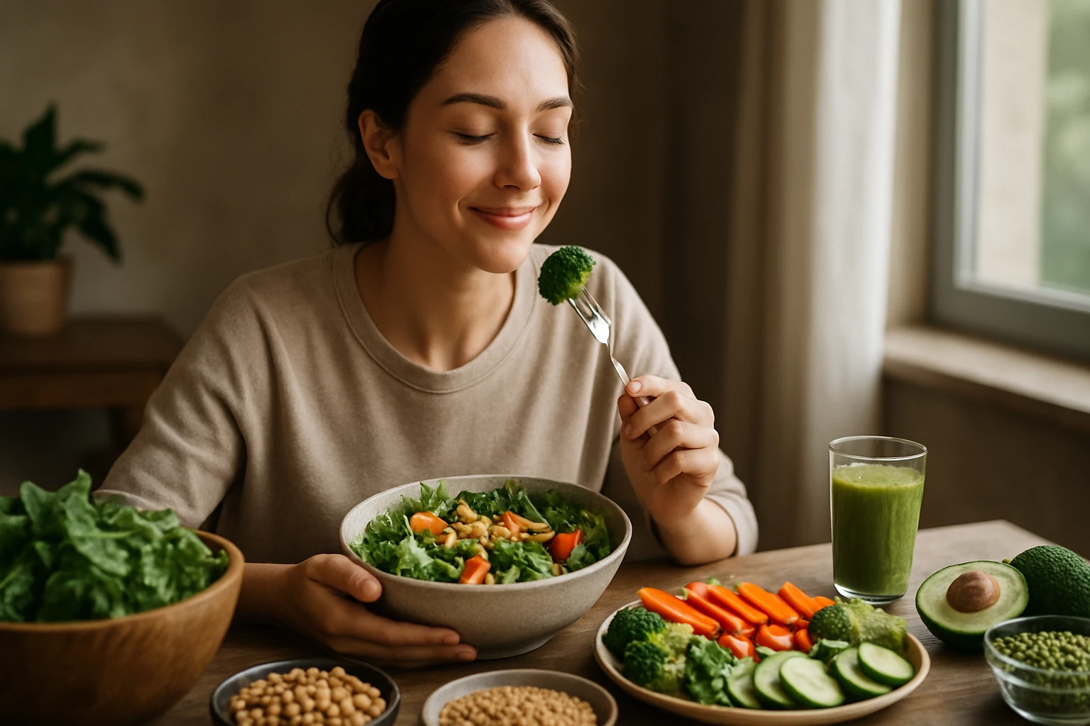 Eine Frau genießt Joghurt aus einem Glas, während eine Ziege neugierig zuschaut.
