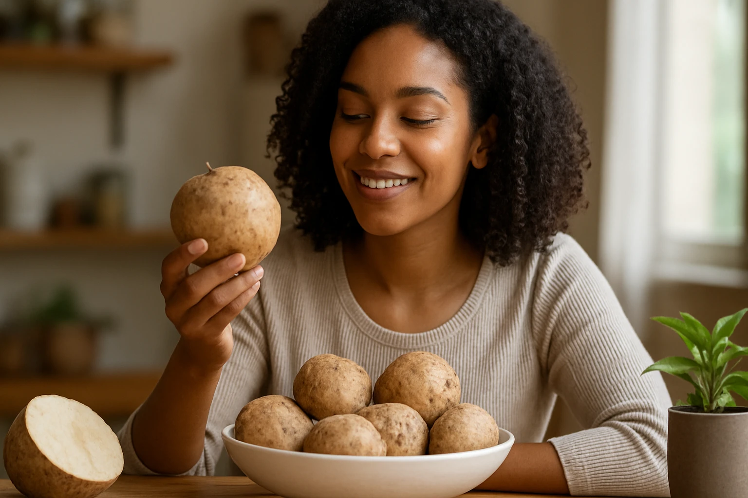 Eine Frau genießt Joghurt aus einem Glas, während eine Ziege neugierig zuschaut.