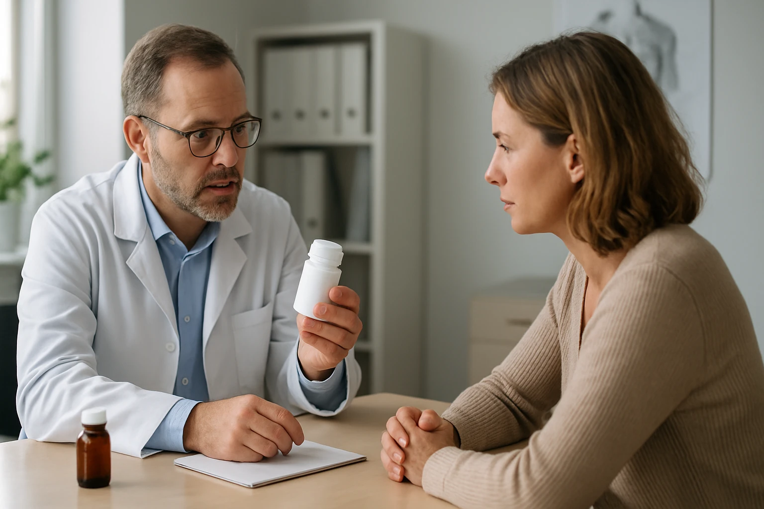 Drei Personen sitzen an einem Tisch, eine Frau hält eine Tasse Kaffee und lächelt.