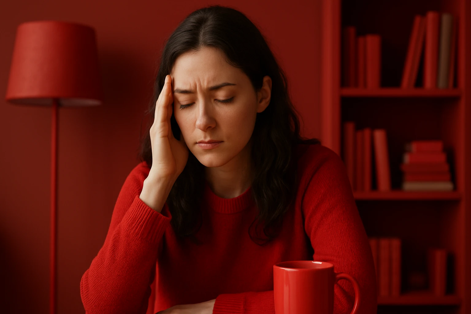 Eine Frau mit dunklen Haaren sitzt in einem roten Raum und hält sich den Kopf.