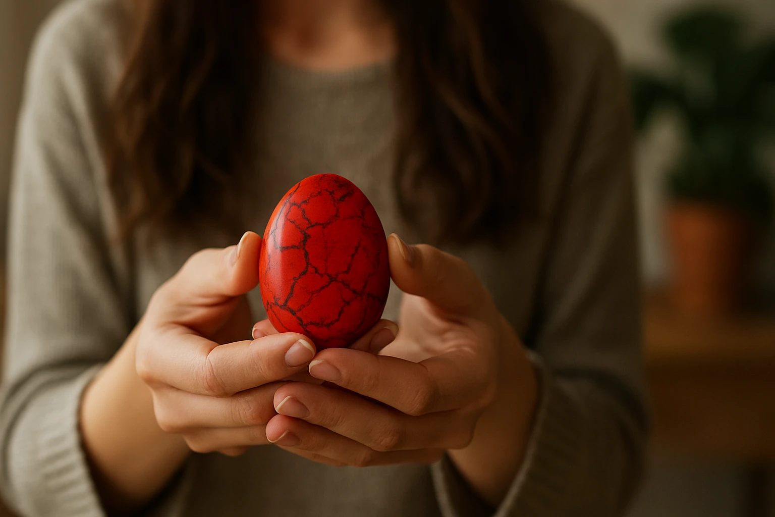 Eine Person hält ein rot marmoriertes Osterei in den Händen.