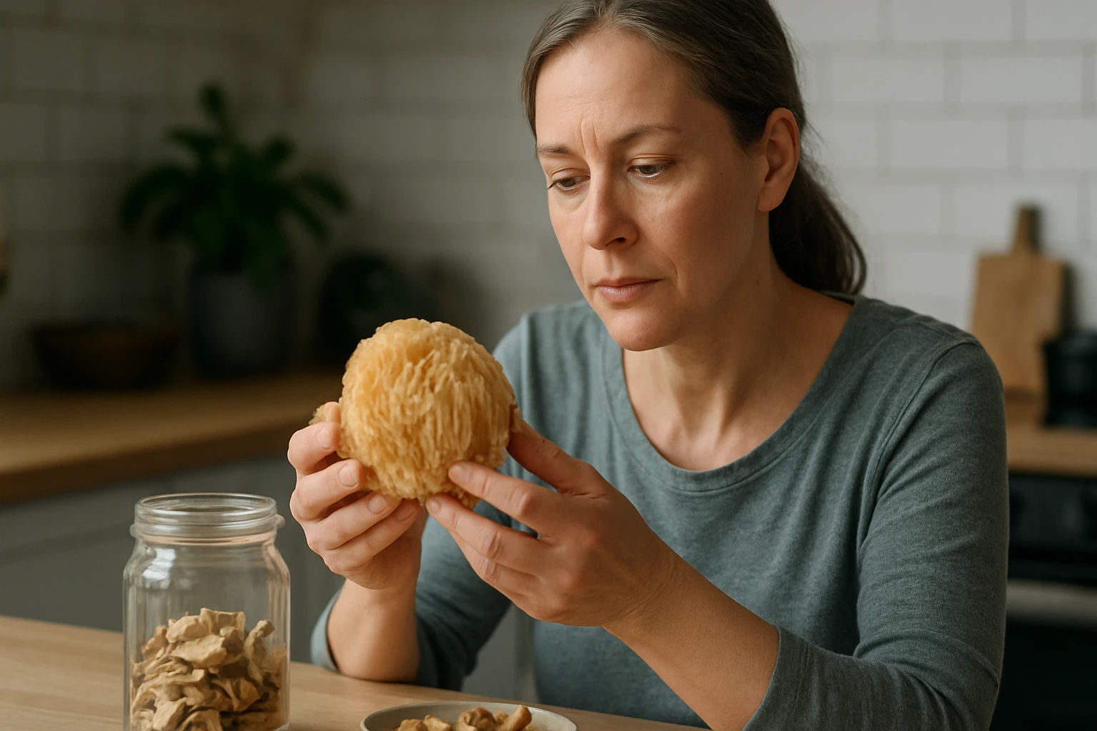 Eine Person hält ein rot marmoriertes Ei mit schwarzen Adern in den Händen.