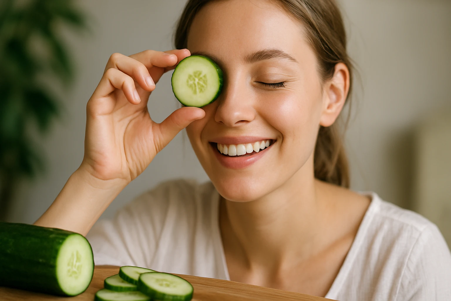 Drei Personen sitzen an einem Tisch, eine Frau lächelt und hält eine Tasse.