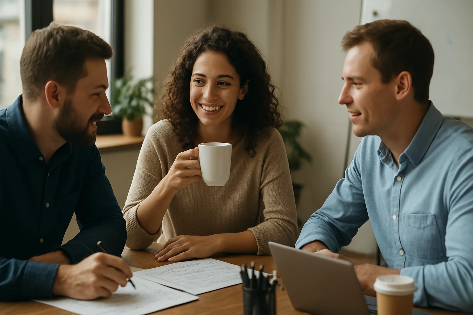 Drei Personen sitzen an einem Tisch, lachen und diskutieren bei einer Tasse Kaffee.