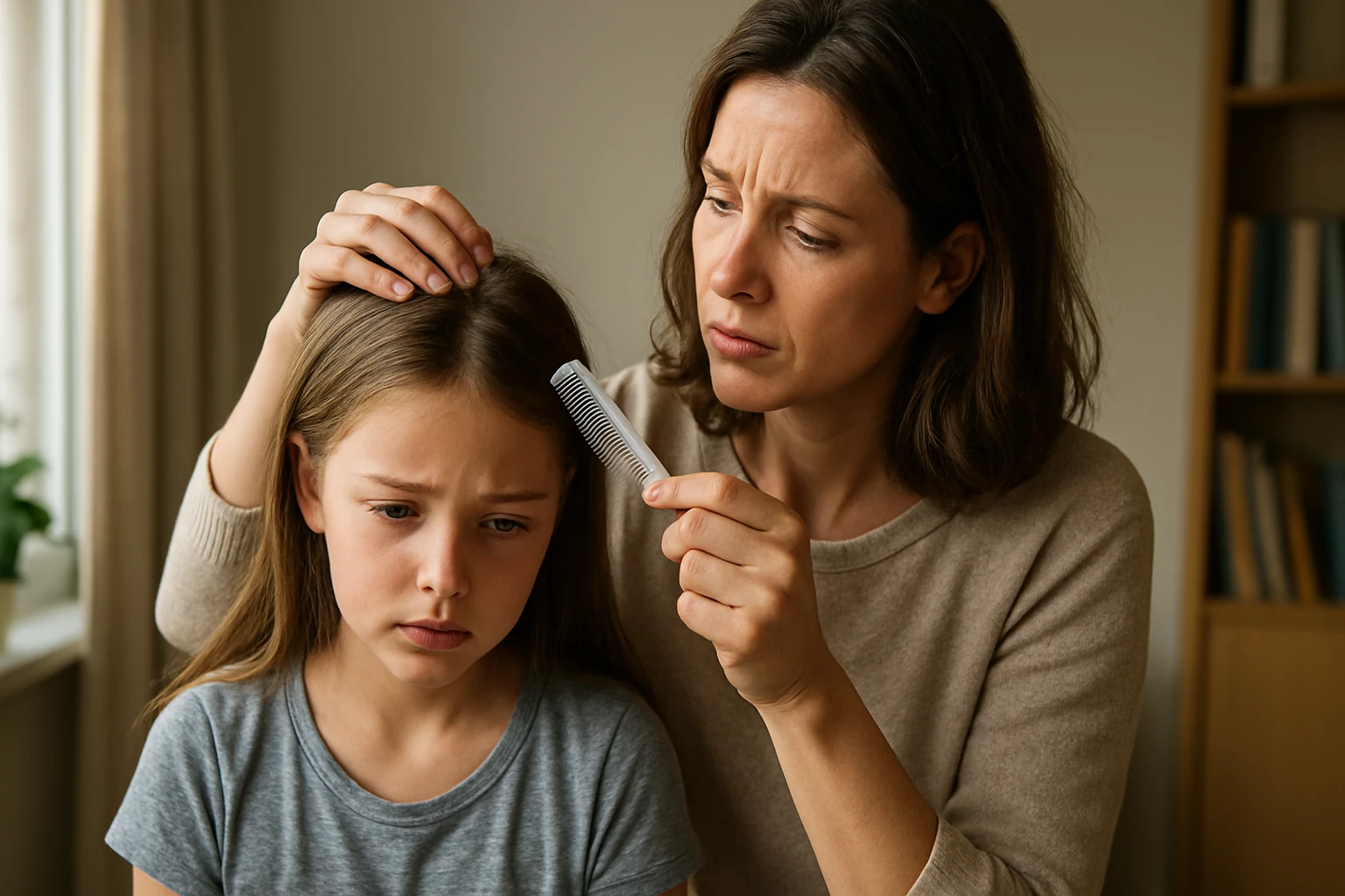 Eine besorgte Mutter untersucht das Haar ihrer traurigen Tochter auf Läuse.
