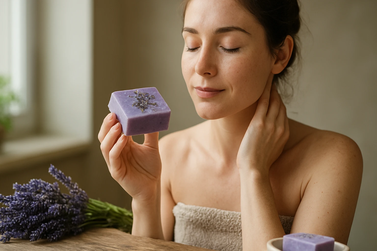 Eine Frau hält ein lila Seifenstück mit Lavendelblüten in der Hand.