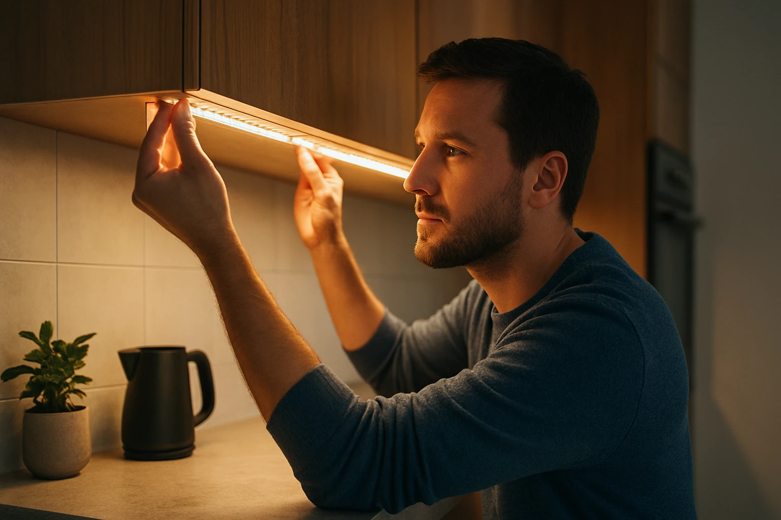 Ein Mann installiert eine LED-Leiste unter einem Küchenschrank.