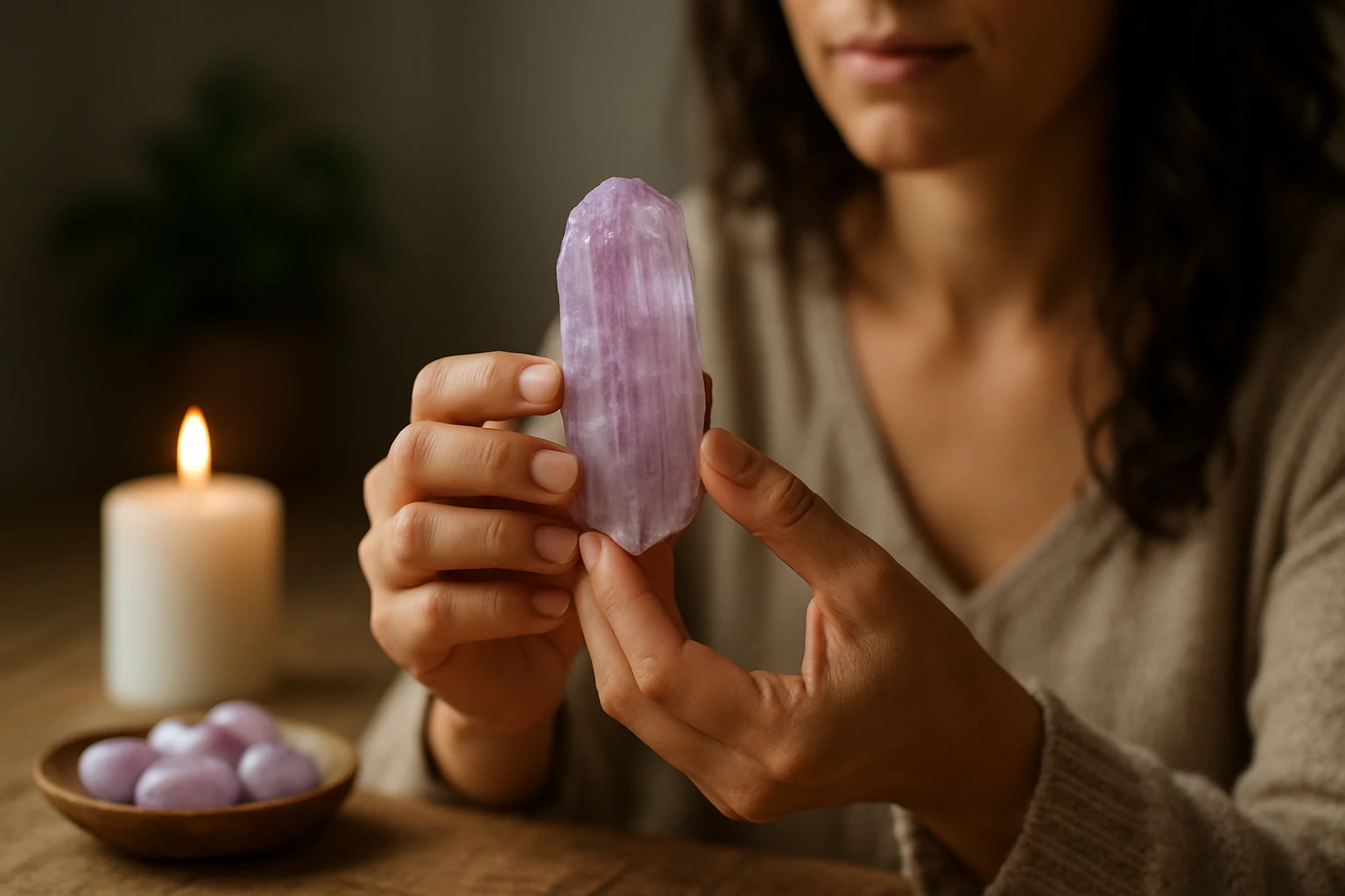 Eine Person hält einen lila Kristall in der Hand, während eine Kerze brennt.