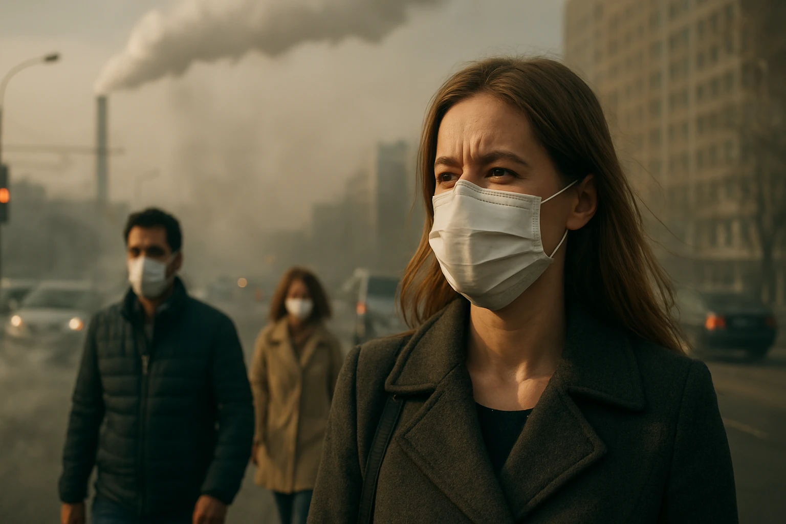 Eine Frau mit Mundschutz geht durch eine verschmutzte Stadtstraße, im Hintergrund sind andere Passanten und Rauch zu sehen.