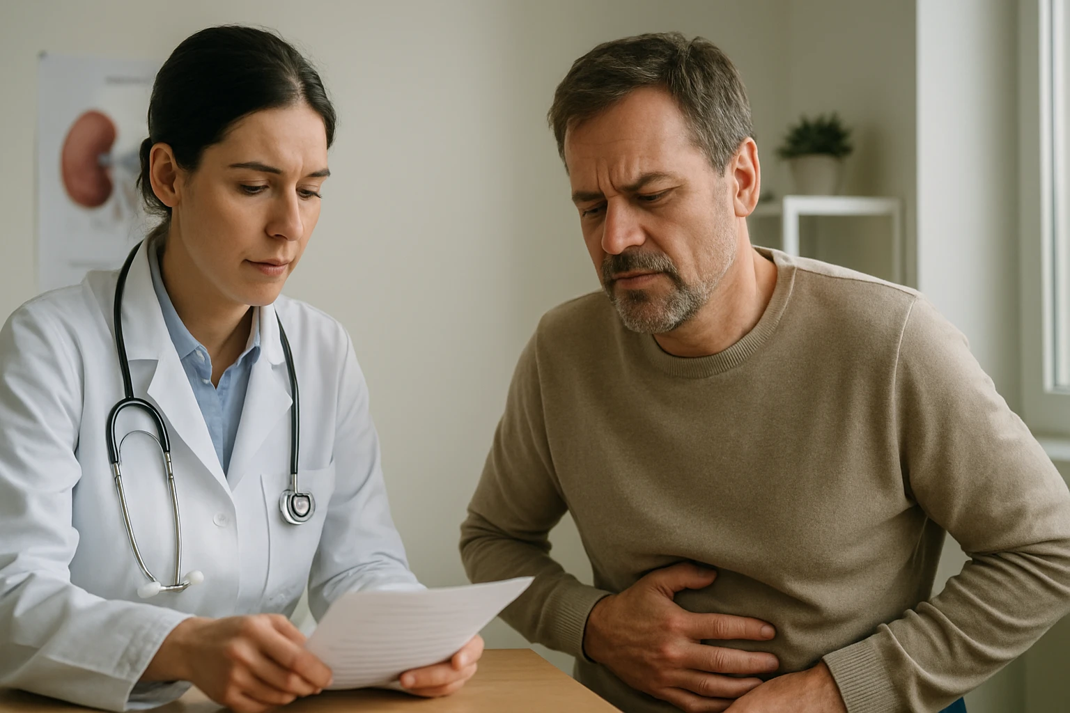 Ein besorgter Mann hält eine Tablette in der Hand und schaut nachdenklich.