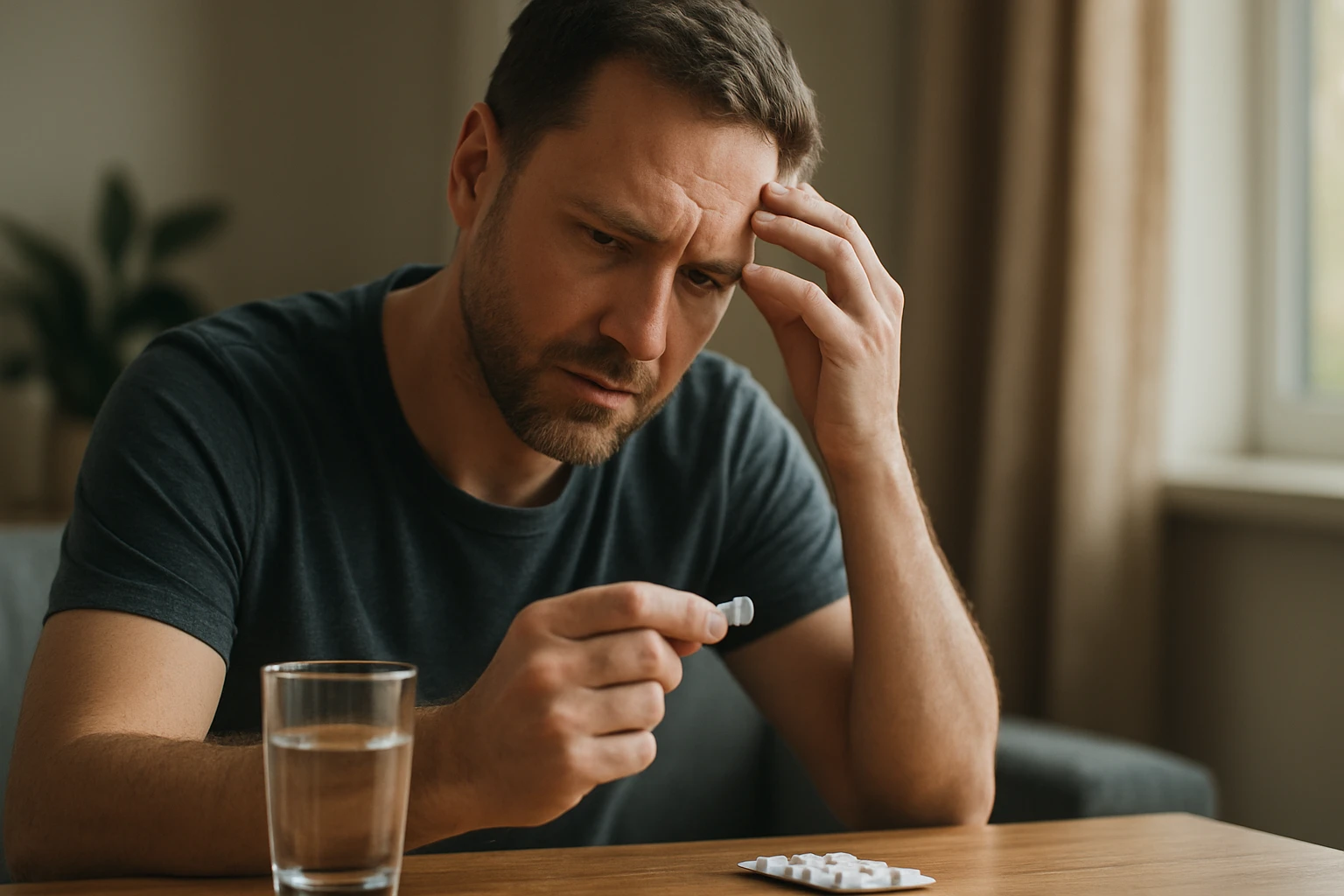 Ein besorgter Mann hält eine Tablette in der Hand und schaut nachdenklich.