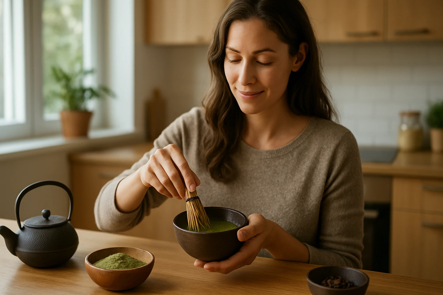 Eine Frau rührt Matcha-Tee in einer Schüssel mit einem Bambusbesen.