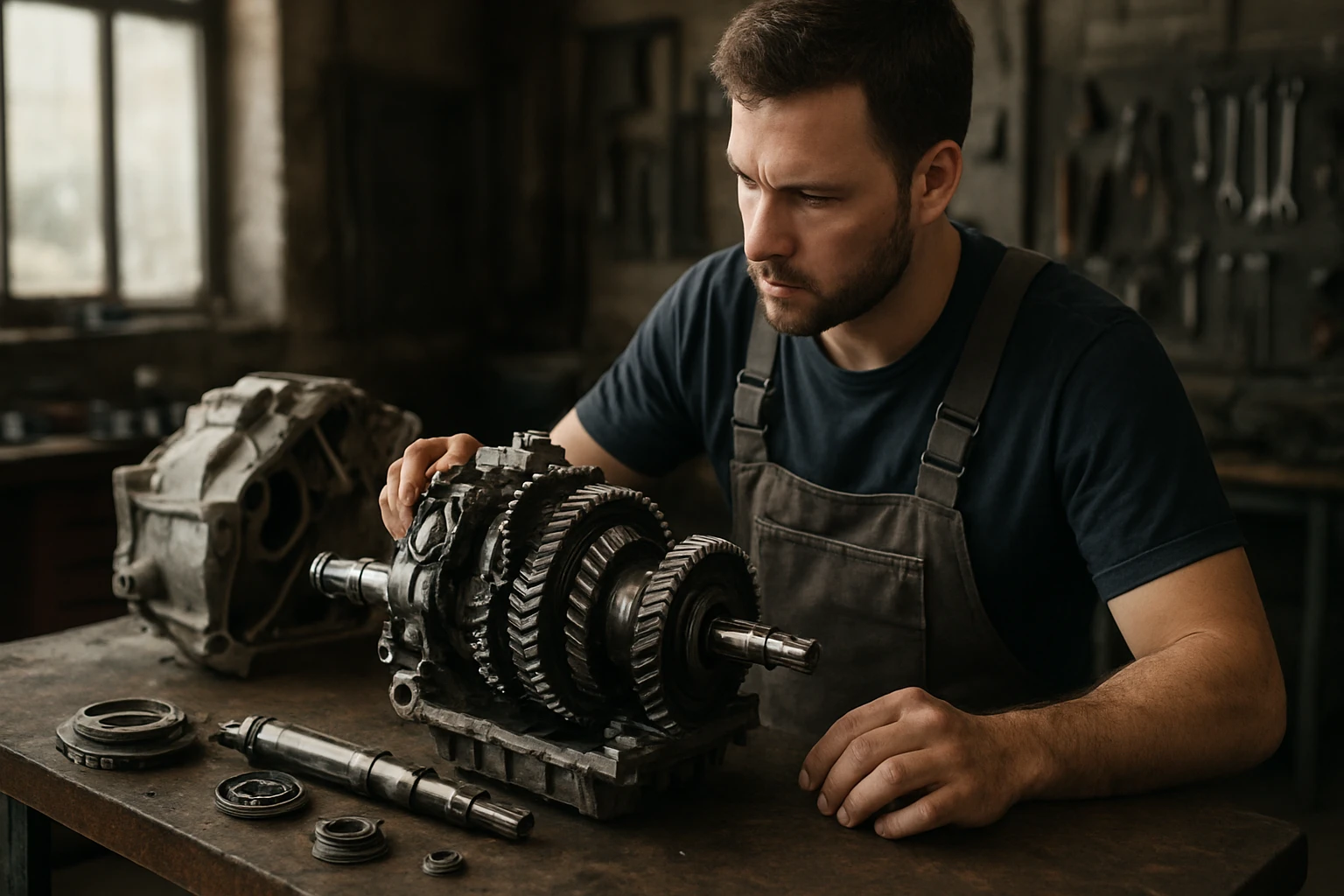 Ein Mechaniker arbeitet konzentriert an einem Getriebe in einer Werkstatt.