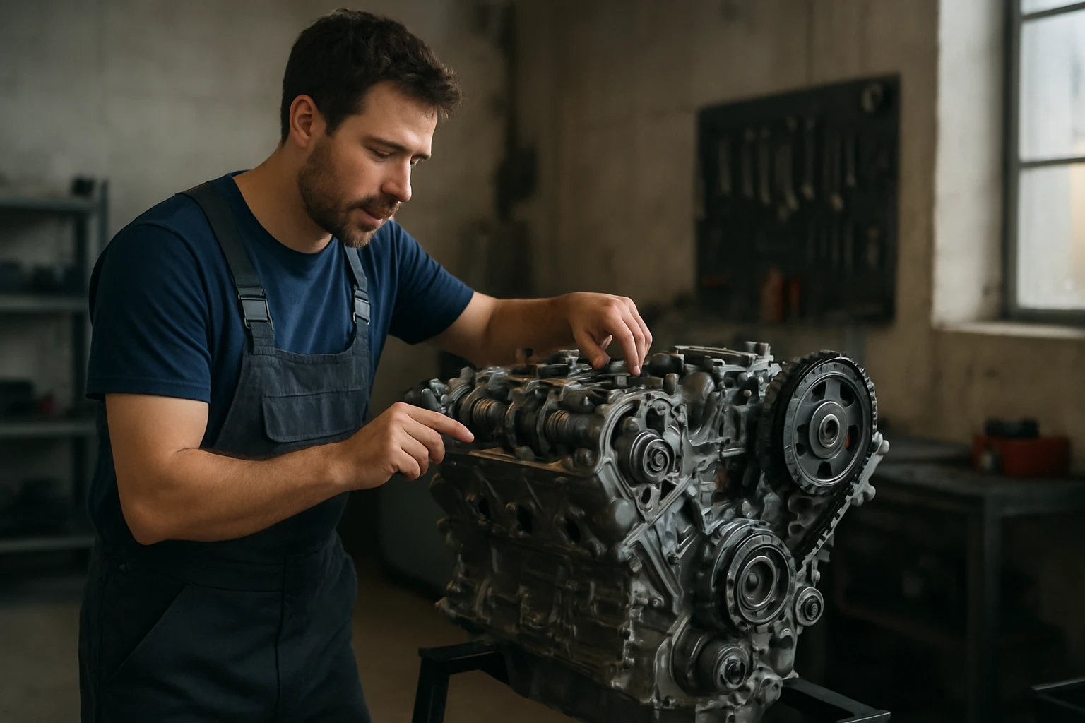 Ein Mechaniker arbeitet konzentriert an einem Motorblock in einer Werkstatt.