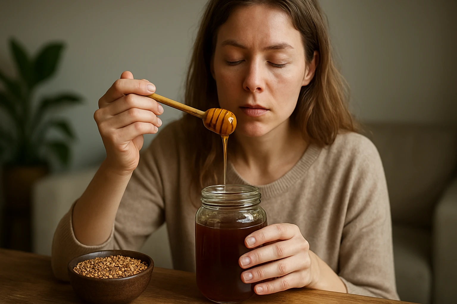 Eine Frau sitzt am Tisch, hält ein Glas Milch und fasst ihr schmerzendes Knie an.