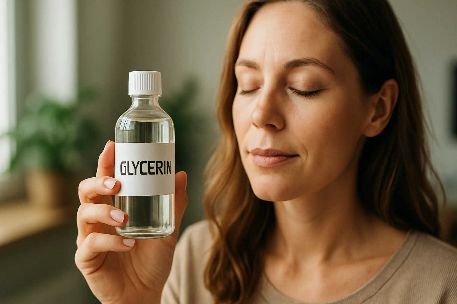 Eine Frau sitzt am Tisch, hält ein Glas Milch und fasst nach ihrem schmerzenden Knie.