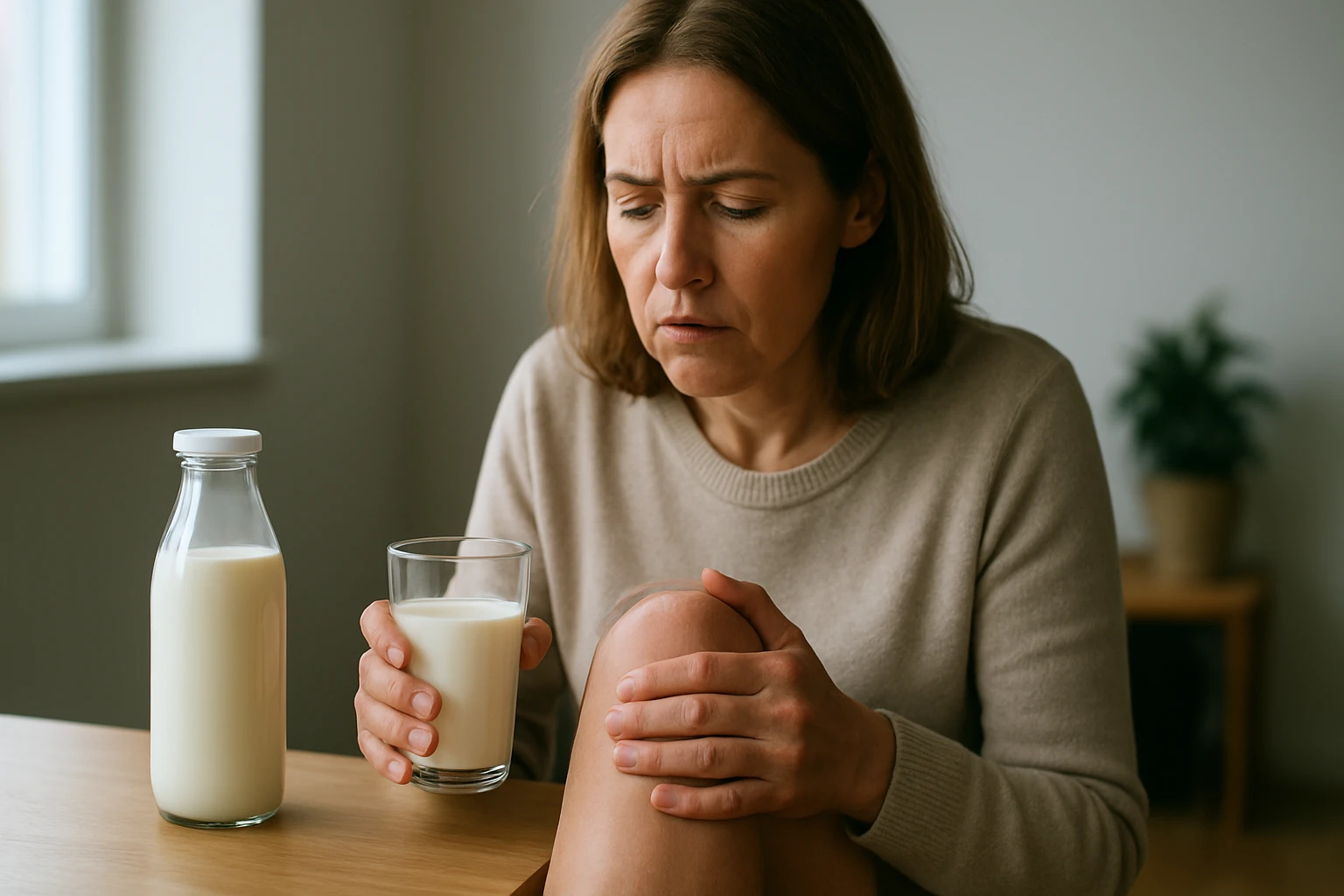 Eine Frau sitzt am Tisch, hält ein Glas Milch und fasst nach ihrem schmerzenden Knie.