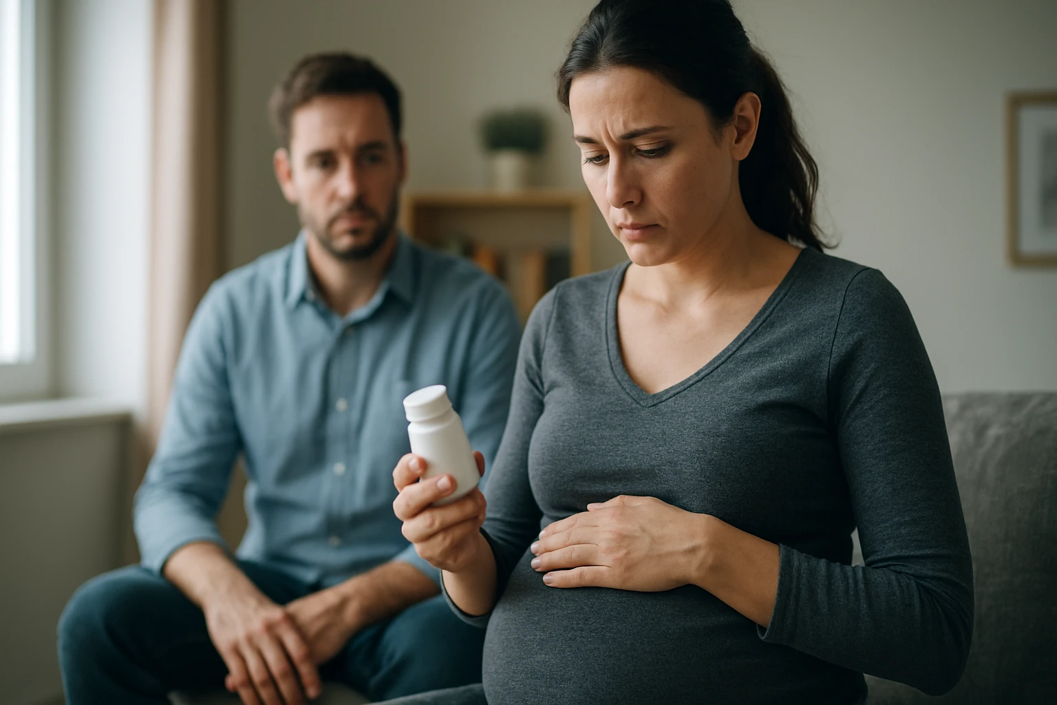 Eine Frau sitzt am Tisch, hält ein Glas Milch und fasst nachdenklich ihr Knie an.