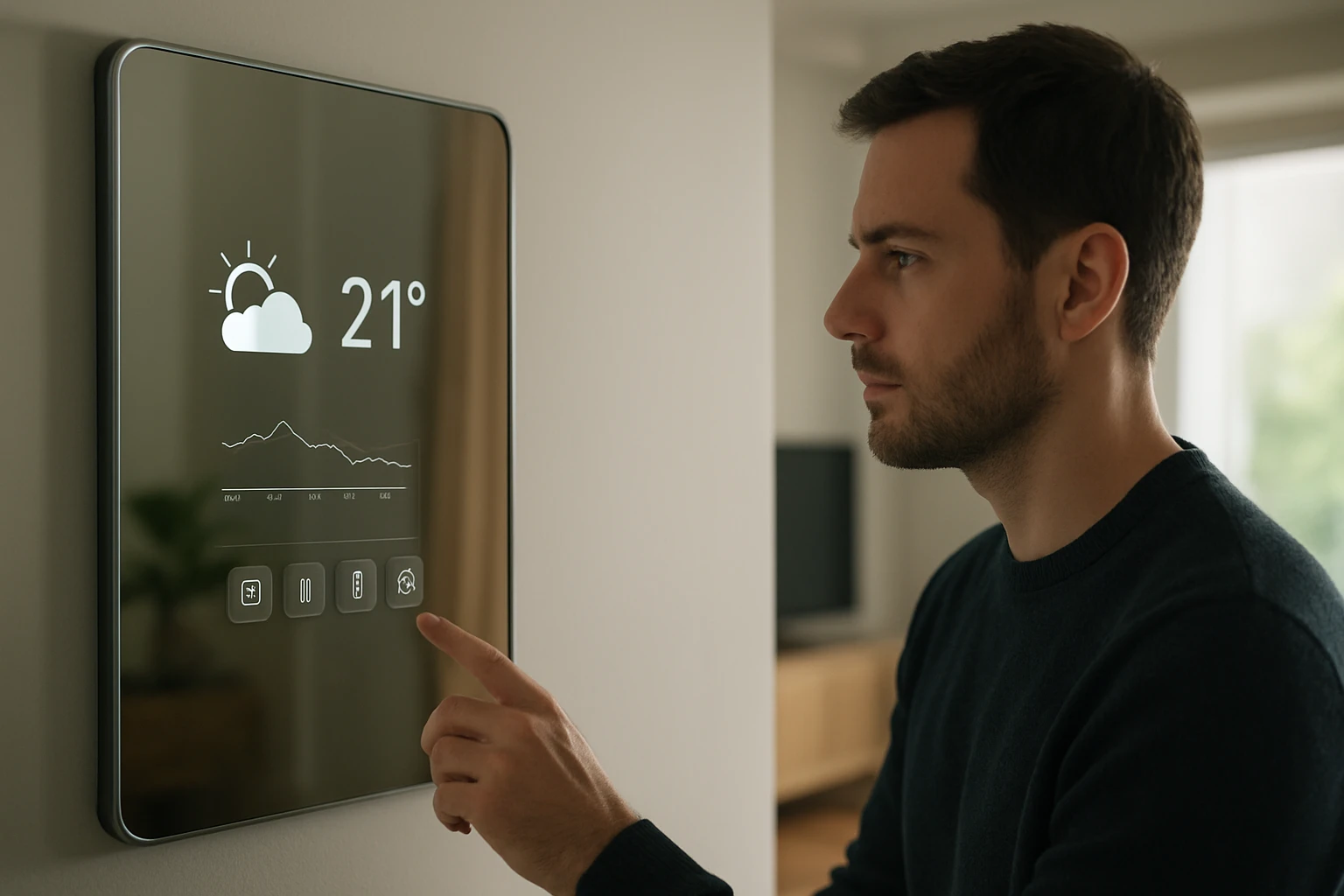 Ein Mann betrachtet einen modernen digitalen Wetterbildschirm mit 21 Grad.