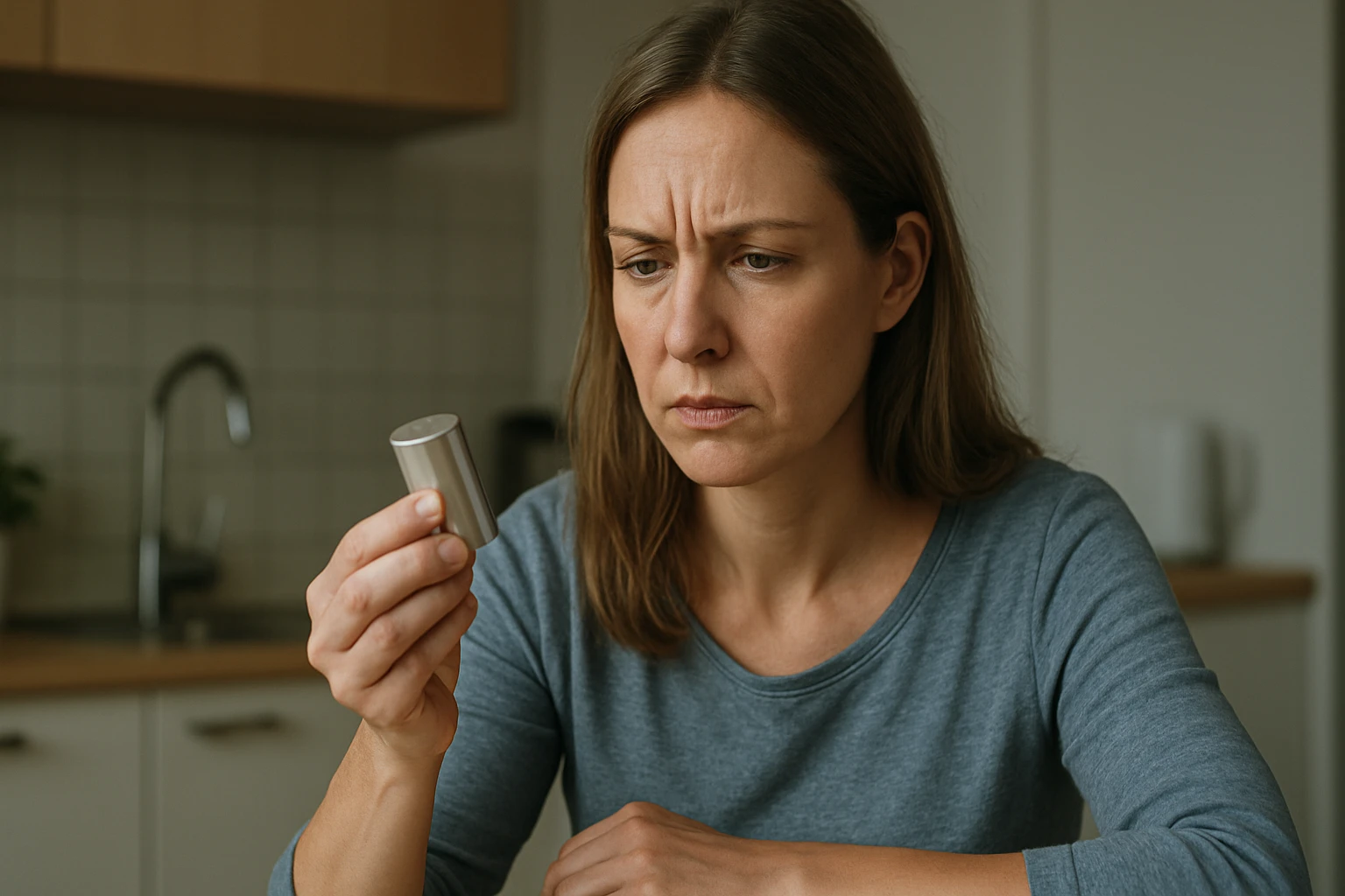 Eine Frau betrachtet nachdenklich einen kleinen silbernen Behälter in ihrer Hand.
