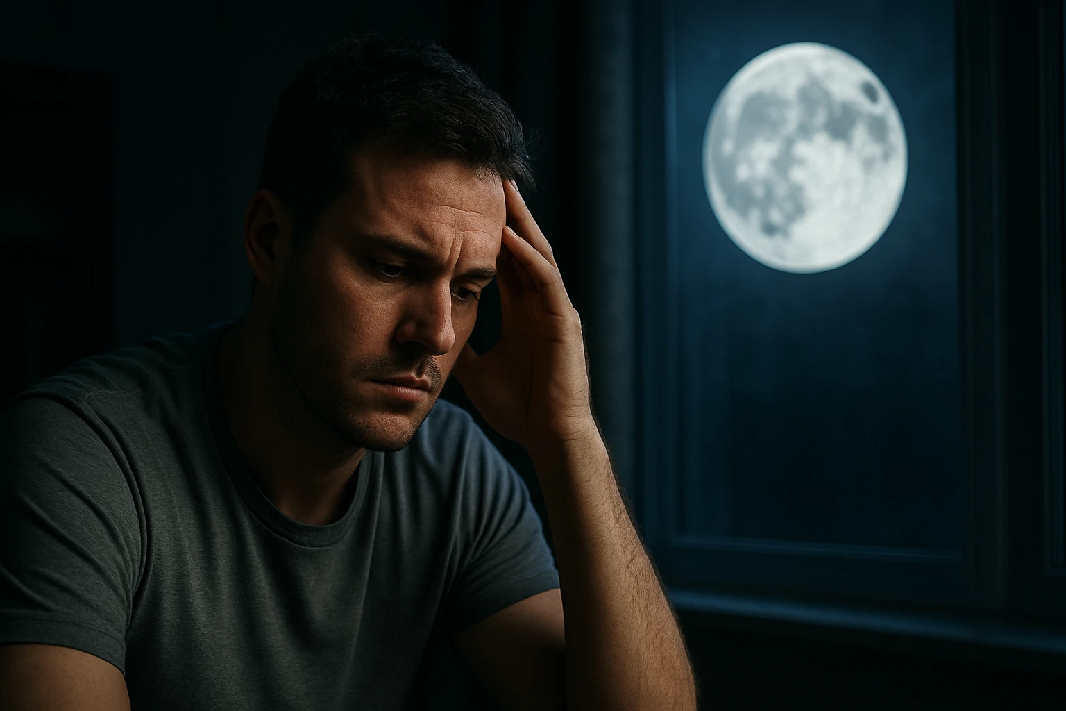 Ein nachdenklicher Mann sitzt am Tisch, während der Vollmond durch das Fenster scheint.